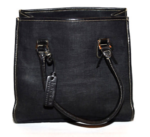 Lauren Ralph Lauren Black Textured Fabric Black Faux Leather 2 Straps Tote Bag