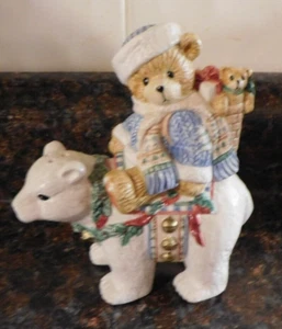 Vintage 1996 Teddy on Polar Bear Salt Pepper Shakers Christmas P Hillman Enesco - Picture 1 of 10