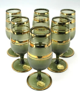 Vtg BOHIMIA GLASS MCM Frosted Grey & Gold Cordial Sherry Glasses NOS Set of 6 - Picture 1 of 8