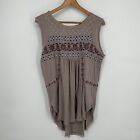 Free People Top Womens Large Taupe Brown Reckless Abandon Embroidered Tank Shirt