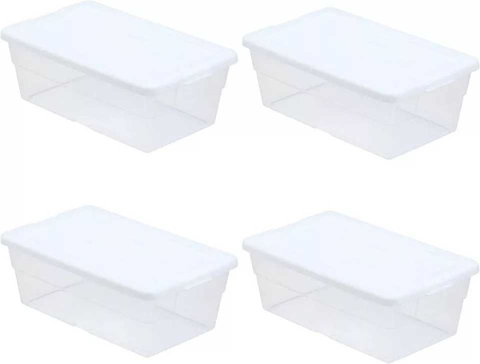 Pack of 4 Clear Storage Boxes with White Lids for Shoes Stackable 6qt - Image 1 of 1