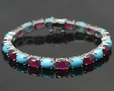 8x6 mm Oval Natural Ruby & Turquoise Gemstone 925 Silver Tennis Bracelet Jewelry - Image 1 of 4
