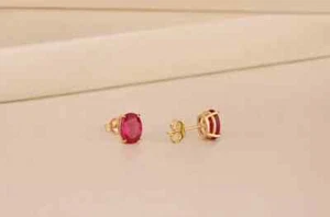 2Ct Ova Lab Created Pink Ruby Solitaire Stud Earrings 14K Yellow Gold Plated - Picture 1 of 5