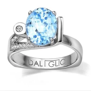 Womens 14K White Gold Finish Bluish Topaz And Diamond Size 7 Designer Ring - Picture 1 of 4