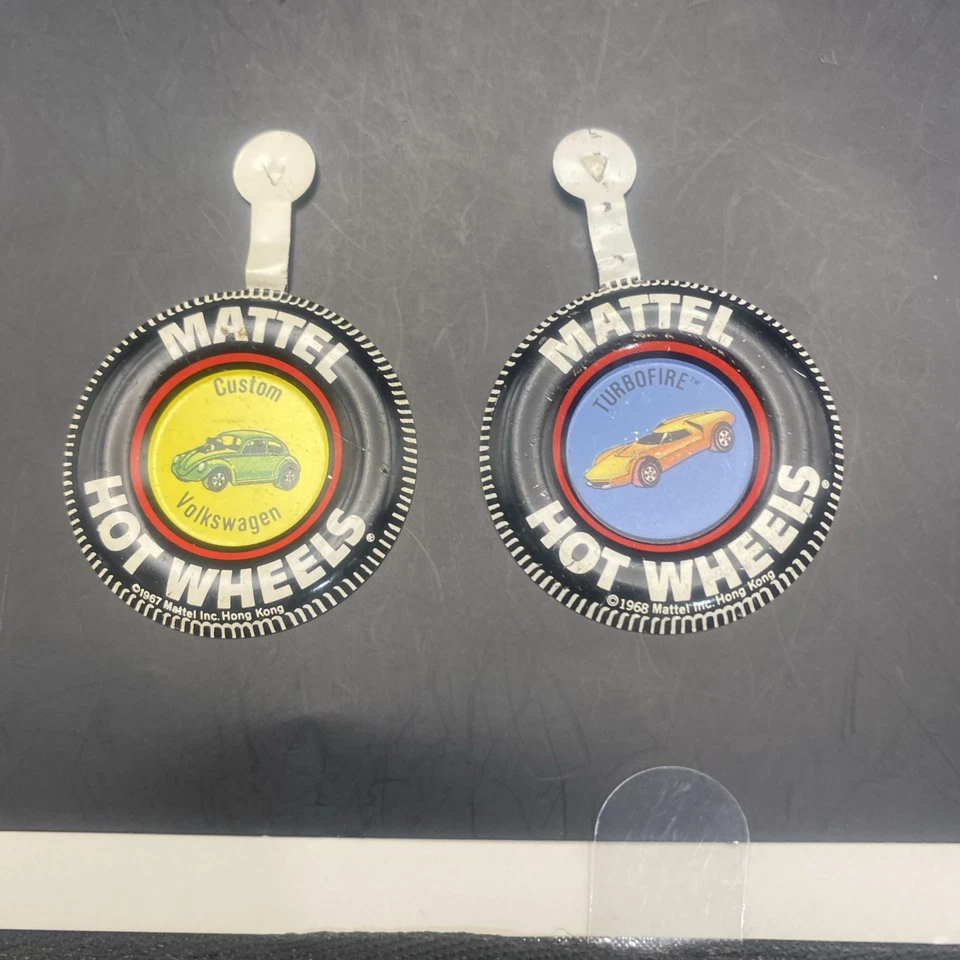 Vintage Hot Wheels Redline Custom Volkswagen & Turbo fire Badge Button Pin - Image 1 of 4