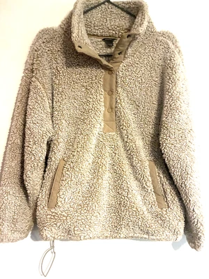 Eddie Bauer Jacket Top Fuzzy Sherpa Pullover Tan Beige Snap Toggle Womens XL EUC - Image 1 of 4