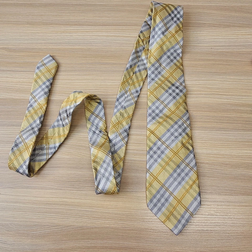 Corbata para el cuello para hombre CONDESA MARA amarillo mantequilla gris a cuadros seda traje vestido preparación estrecha Foto 1 de 4