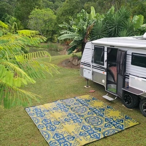 RECYCLED Plastic Outdoor Rug | CASABLANCA Design, Square in Royal Blue & Gold - Picture 1 of 7