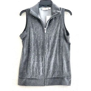 VEST-QUACKER FACTORY-Gray Velour-Sleeveless-Rhinestones-Zipper-SIZE XS - Picture 1 of 15