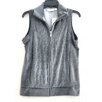 VEST-QUACKER FACTORY-Gray Velour-Sleeveless-Rhinestones-Zipper-SIZE XS - Image 1 of 4