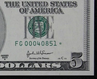 $5 2003A CU Star Federal Reserve Note FG00040851* five $ 640K SINGLE RUN ISSUE - Image 1 of 3