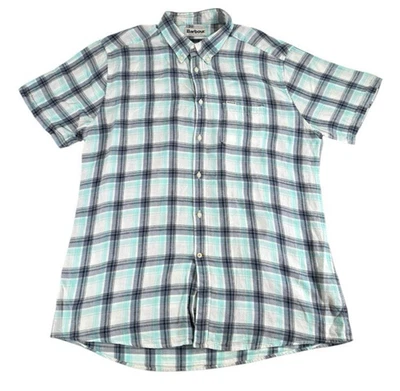 BARBOUR XL Shirt Blue Check Short Sleeved 55% Linen Tailored Fit Men's Mint - Image 1 of 4