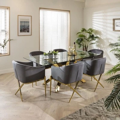 Gold Pedestal Glass Table & Grey Velvet Chairs - 6 Seater Dining Set - Image 1 of 4