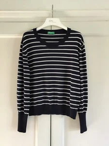 Womens Benetton navy blue & white stripe long sleeve cotton mix jumper-Size M - Picture 1 of 3