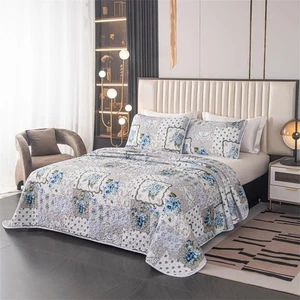 3 Pieces Floral Patchwork King Quilt Set Light Gray White Quilted Bedspread w... - Picture 1 of 7