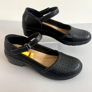 CLARKS COLLECTION Womens Sz 9.5 Black Mary Jane Angie Loop Heels Wedges Shoes - Picture 1 of 8