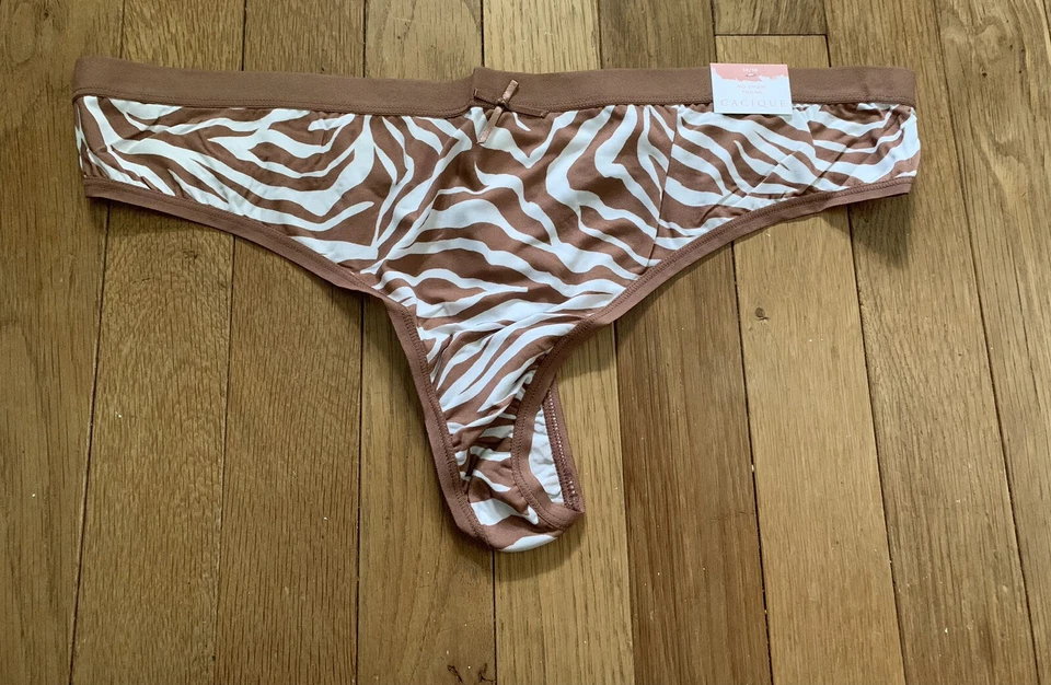 Plus Size 14/16 Lane Bryant Cacique No Show Thong Cafe Mocha Cream Zebra Stripe - Image 1 of 4