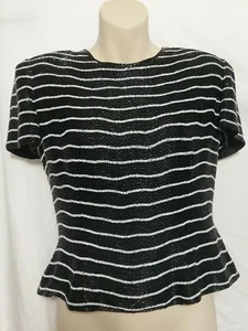 Vintage Blacktie Oleg Cassini 100% Silk Beaded Top Size Small Black & White - Picture 1 of 7