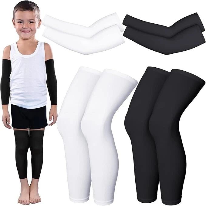 4 Pairs Kids Arm Sleeves for Basketball Kids Long Large Black and White