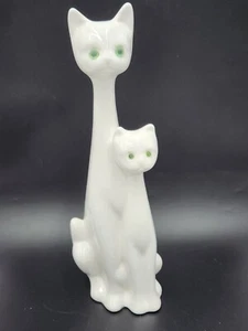 Vintage Ceramic Two Attached White Long Neck Cats w/Green Glass Eyes MCM 13" - Picture 1 of 14