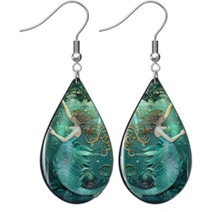 Mermaid Earrings Fantasy Watecolor Art Print Dangle Drop Teardrop Sterling - Picture 1 of 5