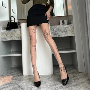 Black Thin Stockings Letter Tattoos Pantyhose Patterned Long Stockings Women - Picture 1 of 8