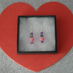 Bonito Pendientes Con Rosa Morganita y Amatista 2.7 Gr.2.8 Cm. Largo + Ganchos - Imagen 1 de 5