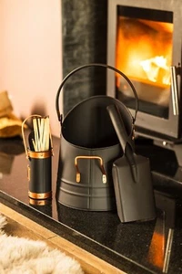 Fireside Accessory Set Bucket Shovel Matchstick Holder Coal Black Metal Home - Picture 1 of 24