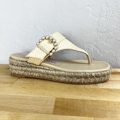 Stuart Weitzman Pearl Espadrille Platform Wedge Sandals Raffia Thong Size 5 - Image 1 of 4