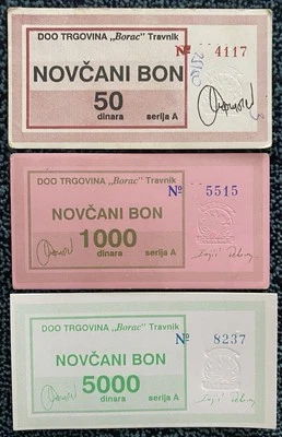 Bosnia, 50, 1000 and 5000 dinara, voucher of company Borac-city of Travnik - Image 1 of 2