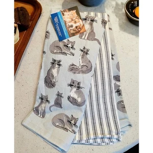 NWT Sweet Grey & White Kitten Cats Cat 3 Piece Blue Striped Kitchen Towel Set - Picture 1 of 3