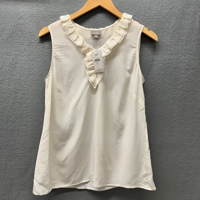 J Jill Silk Blouse Womens XS Cream Ruffle V-Neck Pullover Classic Sleeveless NEW - Image 1 of 4