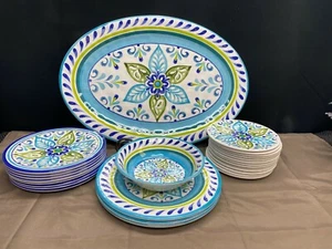 26 Pc Set ~ Cynthia Rowley Melamine Green / Yellow Floral ~ Plates Bowl, Platter - Picture 1 of 12