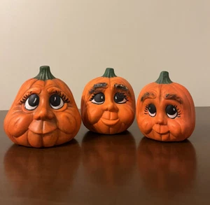 (3) Vintage Handmade Anthropomorphic Ceramic Pumpkin Heads Hand Painted Face - Picture 1 of 13