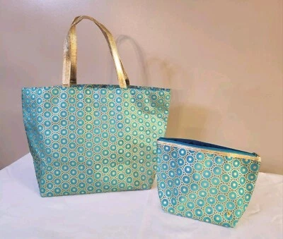 Stephanie Johnson Carry-All Tote & Matching Makeup Bag Mumbai Turquoise Elegant - Image 1 of 4