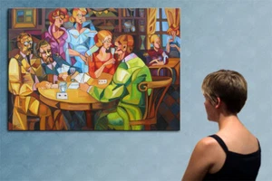 55" - THE POKER GAME - original cubist painting oil on canvas by ANNA !!! - Picture 1 of 1