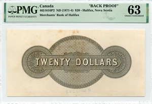 1871-4 $20 Merchants Bank of Canada, BACK PROOF - Choice Uncirculated, PMG UNC63 - Picture 1 of 2