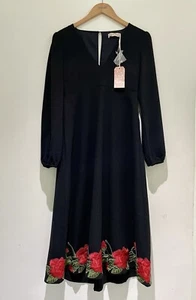 Traffic People Black Midi Dress Size S Red Floral Appliqué V Neck Boho Arty. - Picture 1 of 5
