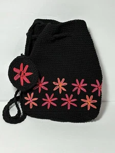 Crocheted Backpack Purse w COIN PURSE Embroidered Flowers by Xhilaration EUC - Picture 1 of 16