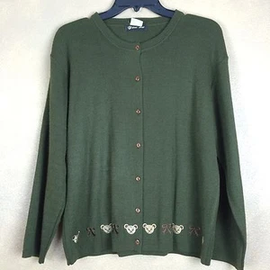 Cardigan Sweater Green with Bear Embroidery Acrylic Approx Large no size tag - Picture 1 of 4