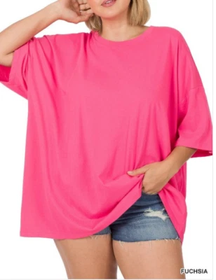Zenana  1X Cotton Oversized Drop Shoulder Boxy Boyfriend Round Neck Tee Top Fuch - Image 1 of 2