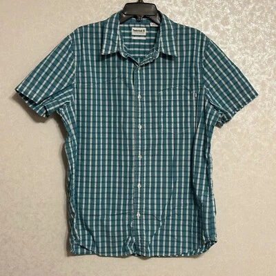 Timberland Plaid Shirt Short Sleeve Button Up Slim Fit Aqua Green & White XL - Image 1 of 4