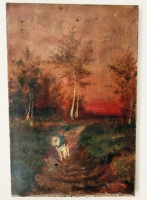 Tableau ancien XIXè Cavalière Cheval Campagne  Huile Sur Toile à Restaurer Signé - Photo 1/4