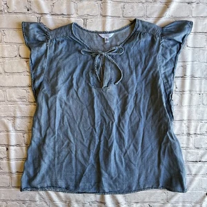 Denim Chambray Ruffle Sleeve Country Western Womens Plus Top XXL Boho Pop Over - Picture 1 of 9