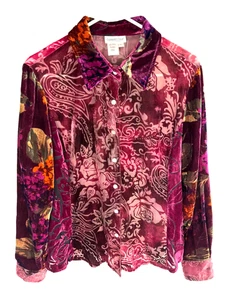 Camicia Coldwater Creek donna L rosa velluto paisley boho capricciante cottagecore fata - Foto 1 di 5