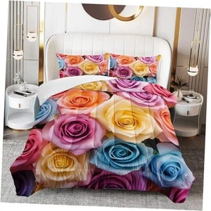 Colourful Rose Comforter Set Size, 3 Pieces Pink Flower Printed Twin 007 - Picture 1 of 8