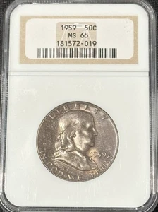 Medio dólar Franklin 1959 50c - NGC MS-65 - tono terminal arco iris plateado. - Imagen 1 de 9