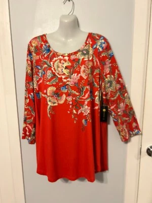 NUEVO CON ETIQUETAS JM Collection Puré de Tomate Floral Multi Top con Manga 3/4 Talla Grande 2X Foto 1 de 3