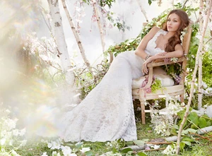 Jim Hjelm 8312 Wedding Dress 12 Ivory Beaded Alencon Lace Peach Organza A-line - Picture 1 of 5