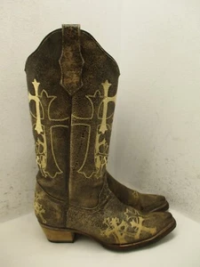 Circle G Brown Leather Cross Snip Toe Cowboy Boots Womens Sz 7.5 M Style L5038 - Picture 1 of 14